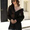 Gihuo Women s Sheer Blouse Mid Long Button Down Shirt Mesh Shirt Sexy See Through Top (Black)