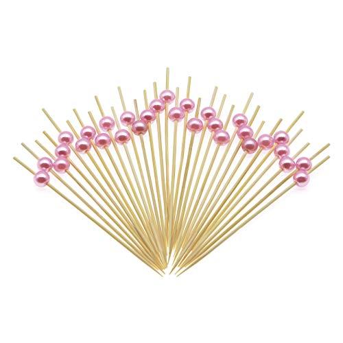 Minisland Pink Pearl Cocktail Picks, 4.7 Inch Long Bamboo Fancy Toothpicks for Appetizers, Decorative Valentines Baby Shower Holiday Party Food Drink Garnish Fruit Skewer Sticks 100 Counts - MSL153