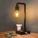 Industrial Table Lamp, Vintage Bedside Lamp with USB C and USB A Charging Ports, Dimmable Steampunk Office Lamp Metal Pipe Edison Reading Lamps for Bedroom, Dorm, Farmhouse Decor 6W LED Bulb Included