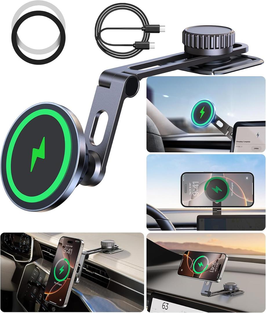 Tesla Phone Mount Charger for iPhone MagSafe Hidden Foldable Design 15W Wireless Charging, Universal Car Magnetic Dashboard Phone Holder, Tesla Model 3/Y/Cybertruck Accessories