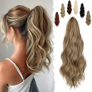 FELENDY 16" Ponytail Extension Long Curly Wavy Ponytails Clip in Claw Hair Extension Pony Tails Natural Looking Synthetic Hairpiece for Women Light Brown mix Ash Blonde