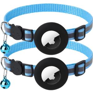 2 Pack Airtag Cat Collar with Bell, Reflective Nylon Kitten Collar with Apple Air Tag Holder and Breakaway Safety Buckle for Puppy Girl Boy Cats, 3/8" in Width and Lightweight, Blue