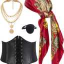 kasahara 4 Pcs Pirate Costume Accessories Women Pirate Bandanas Head Scarf Medieval Corset Eye Patch Necklace Jewelry (Black)