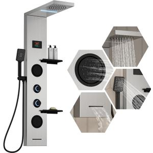Homevacious 4 In 1 Shower Panel System with Shelf,LED Rainfall Shower Head and Massage Body Jets,3 Functions Handheld Head and Tub Spout,Stainless Steel Bathroom Shower Fixtures,Brushed Nickel