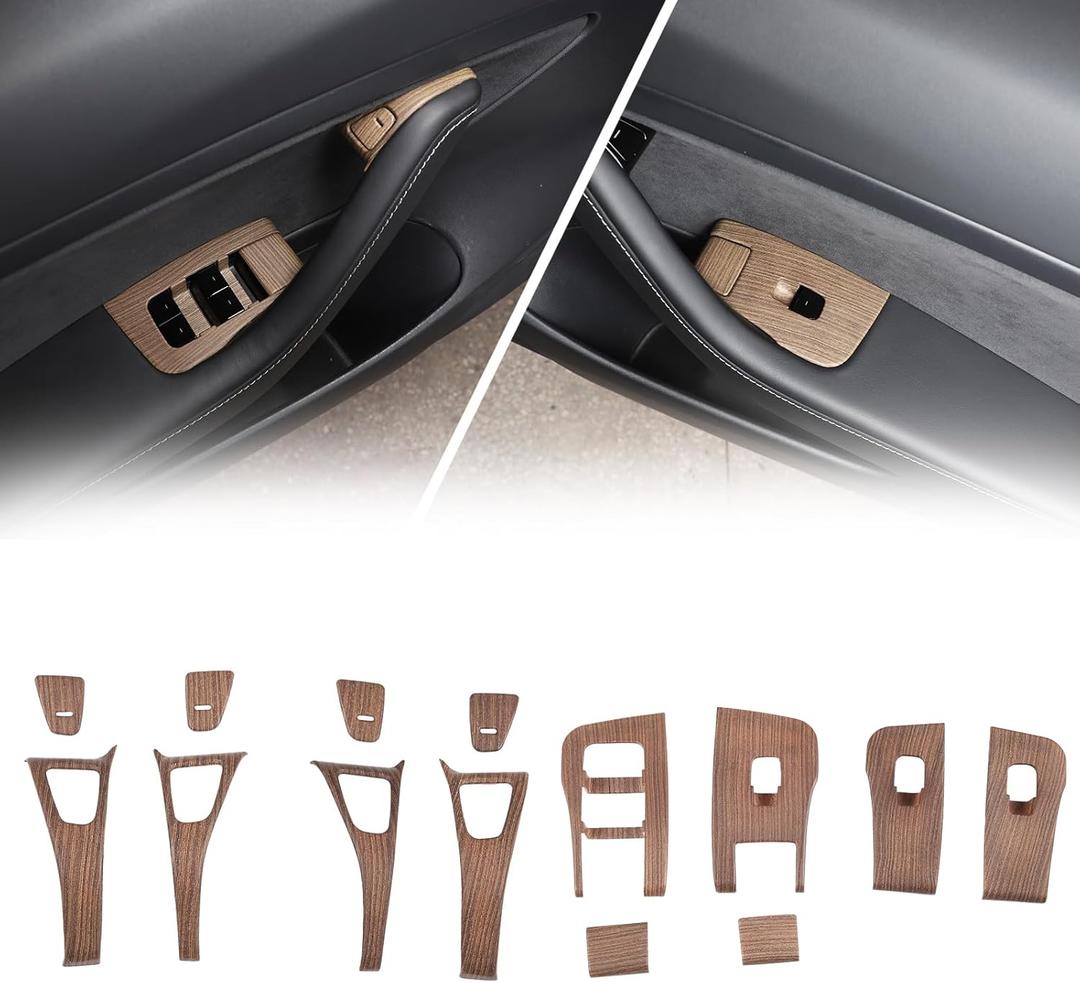 Window Lift Switch Panel Cover Trim for Tesla Model Y 2020-2023, Door Lock Cover Buckle Decor Trim for Tesla Model 3 2017-2023, Door Window Switch Panel Accessories, Wood Grain [Set of 14]