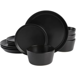 Gibson Soho Lounge Sofia Coupe 12-Piece Stoneware Dinnerware Set, Service for 4 Black Plates and Bowls