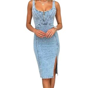 Denim Dress for Women Sleeveless Side Slit Bodycon Midi Jean Dresses for Women 2026, Size: M