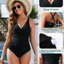 2 x HEEKPEK Womens Tummy Control Swimsuits One Piece Bathing Suit Front Cross Tie Back Slimming Ruched Push Up Padded Swimwear (Black, M)