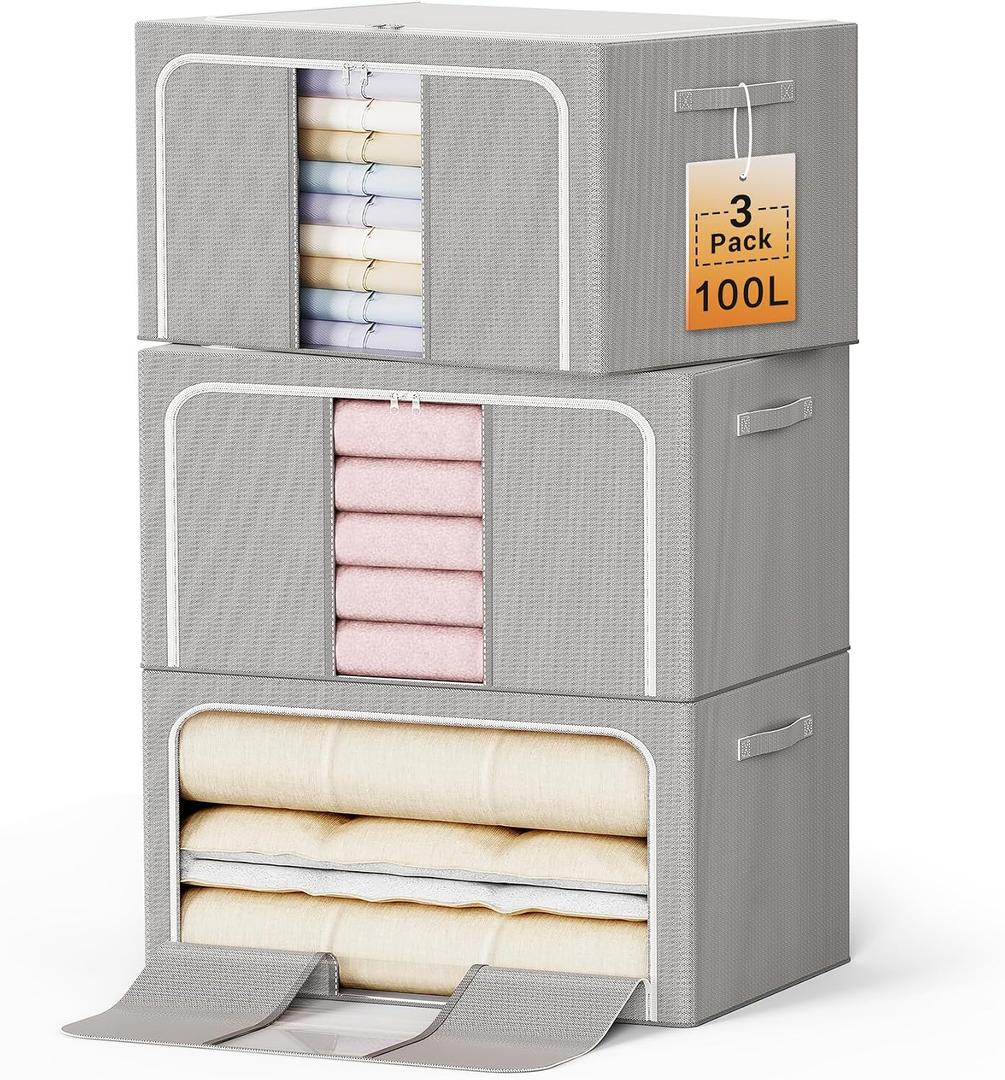 Clothes Storage Bins with Metal Frame Foldable Storage Box Clothes Organizers Storage Containers for Clothes Sheets Blankets Books Toys Gifts and Holiday Decorations (100Lx3 Pack)