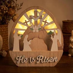 Valery Madelyn Easter Decorations with LED Light, Lighted Empty Tomb Scene and Cross Decoration, Wooden Christian Easter Decor Resurrection Scene for Home Table Shelf, 8.0 inch