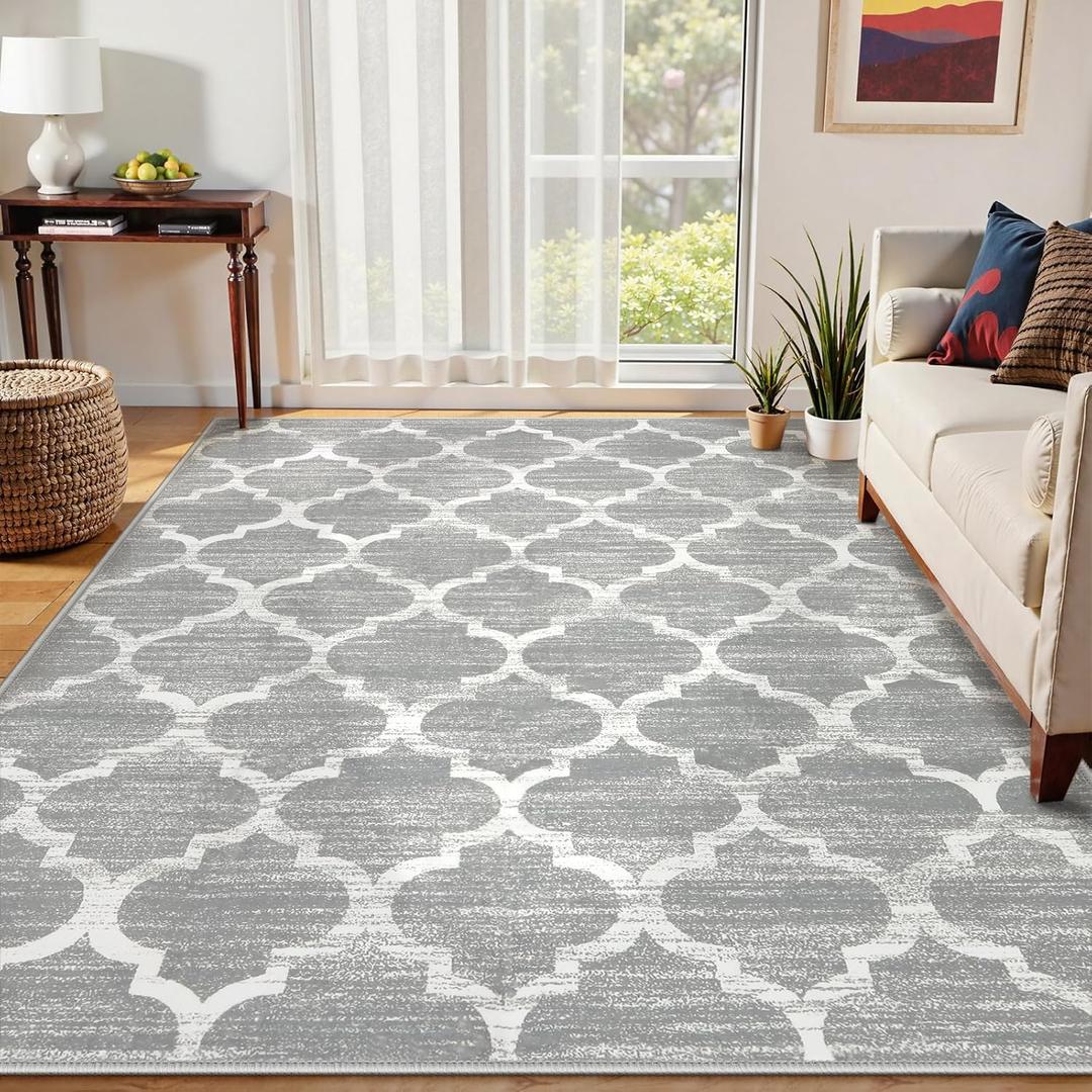 Lahome Moroccan Washable Rugs 8x10,Grey Rug for Living Room,Soft Boho Large Bedroom Rug 8x10 Under Bed Boho Dining Room Rugs for Under Table Geometric Office Room Meline