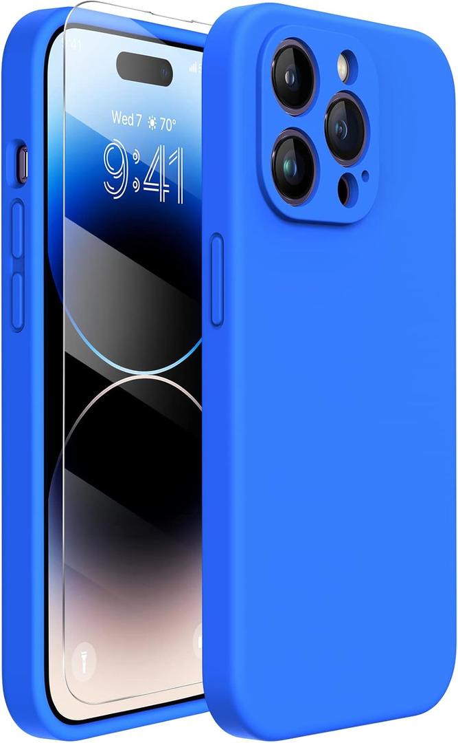 Miracase Designed for iPhone 14 Pro Case with Screen Protector, [Upgraded Camera Protection], Shockproof Liquid Silicone Rubber Phone Case Cover for 14 Pro 6.1 inch (Mediterranean Blue)