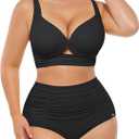 SHAPELLX High Waisted Bikini Tummy Control Two Piece Swimsuits for Women Ruched Bathing Suit Twist Front Bikini Sets, XL