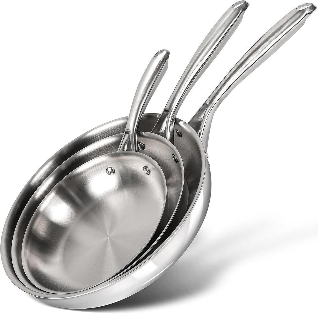 Michelangelo Tri-Ply Stainless Steel Frying Pan Set, 8" 9.5" 11" Skillets, Full Clad Stainless Steel Pans for Even Heating, Durable Cooking Pan Set for Home Chefs & Everyday Cooking