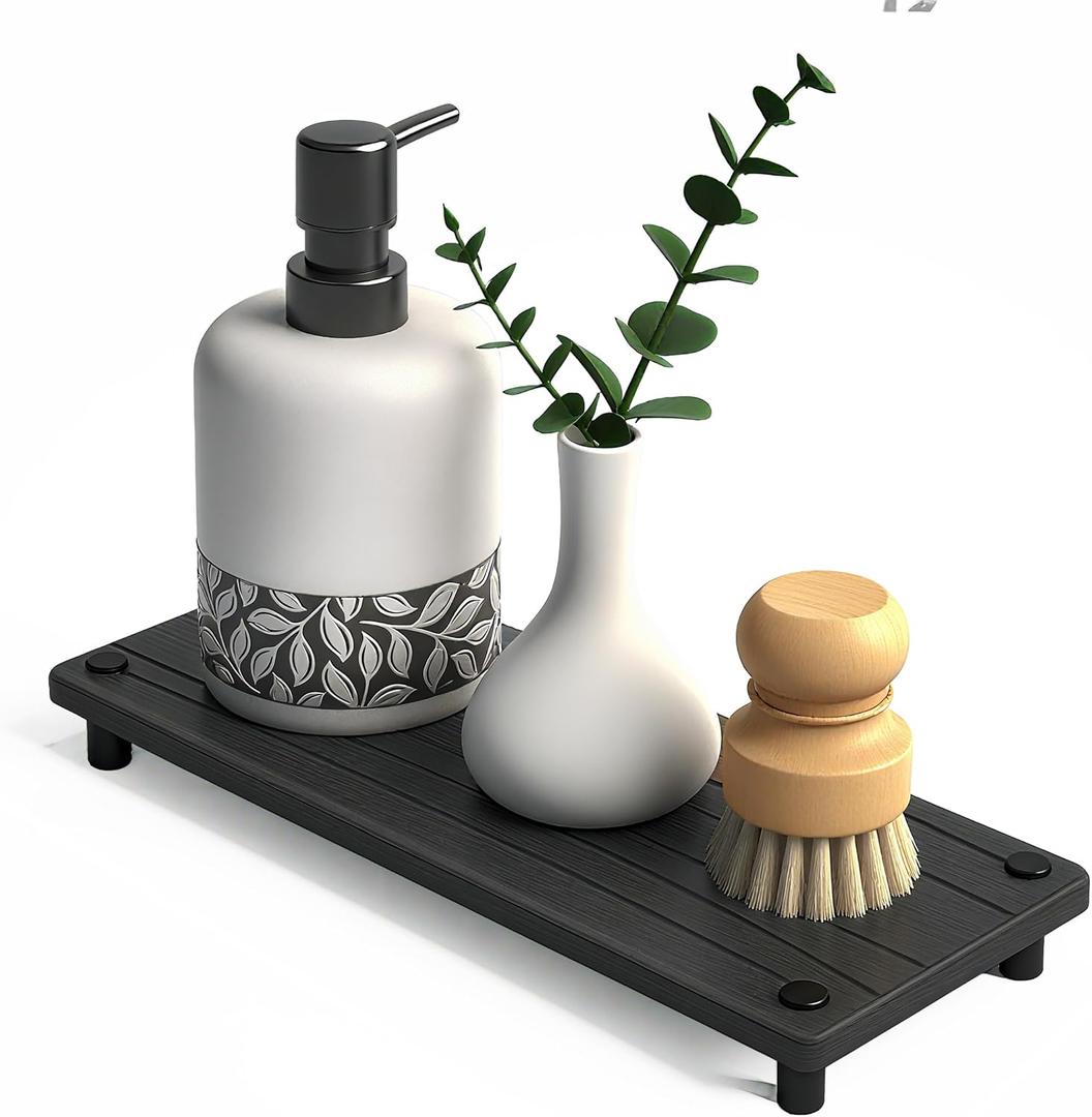 Quick Dry Sink Caddy Kitchen Sink Organizer, Water Absorbing Stone Tray for Sink, Stone Drying Tray, Diatomite Faucet Mat & Protector, Dispenser Sponge Holder, Stone Soap Tray for Bathroom Counter (Dark Gray Metal Foot Wave Large)