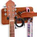 Guitar Wall Mount Shelf with Pick Holder, Walnut Wood Guitar Hanger Rack with Rotatable Yoke and 3 Storage Hooks for Acoustic, Electric, Bass, Ukulele