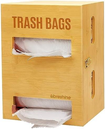Libreshine 2-in-1 Extra Large Bamboo Trash Bag Dispenser Holder - Wall Mount Garbage Bag Organizer for Costco/Sam's Club Rolls, Space-Saving Kitchen/Pantry/Laundry/Garage Storage with Non-Slip Base