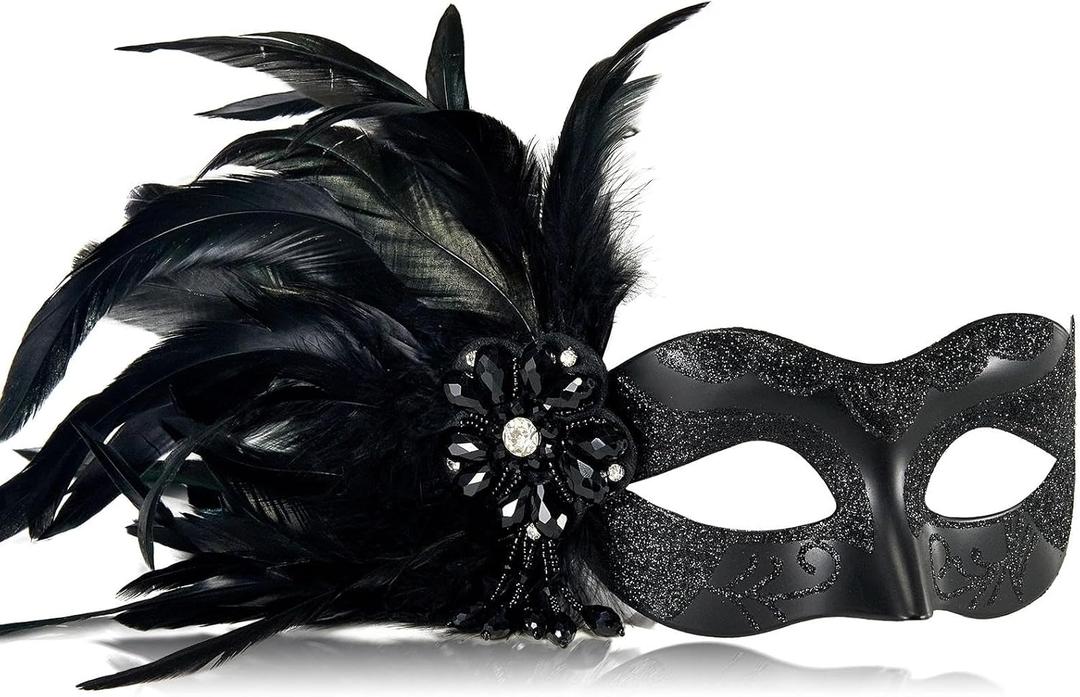 MYSEUNI 2025 New Black Masquerade Masks for Women with Feathers - Womens Mascarade Venetian Mask for Masquerade Party, Mardi Gras, Halloween Cosplay Prom, Christmas