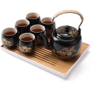 Dujust Japanese Tea Set, Black Porcelain Tea Set with 1 Teapot Set, 6 Tea Cups, 1 Tea Tray, 1 Stainless Infuser, Beautiful Asian Tea Sets for Adults, Tea Lover/Women/Men (Countryside in Golden)