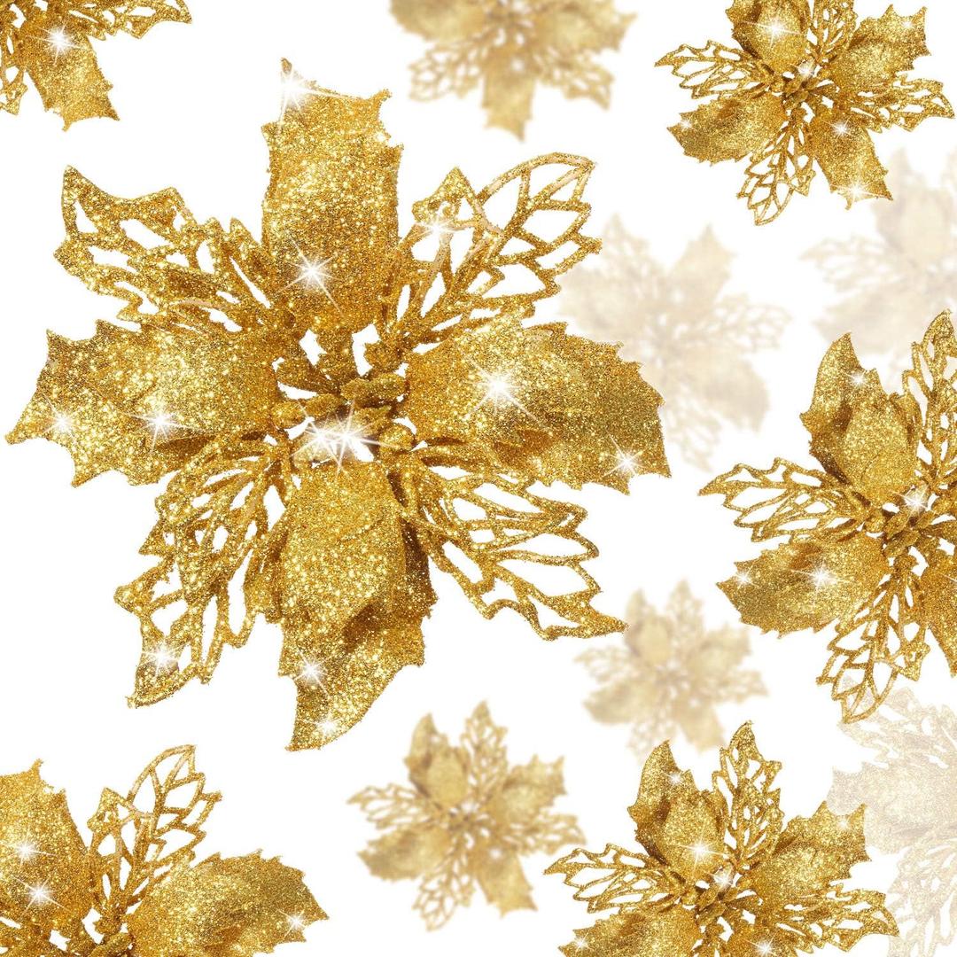 WILLBOND 36 Pieces Gold Christmas Poinsettia Flowers with Clips Glitter Christmas Tree Ornaments for Tree Artificial Poinsettia Flowers for Xmas Trees Wreath New Year Decoration
