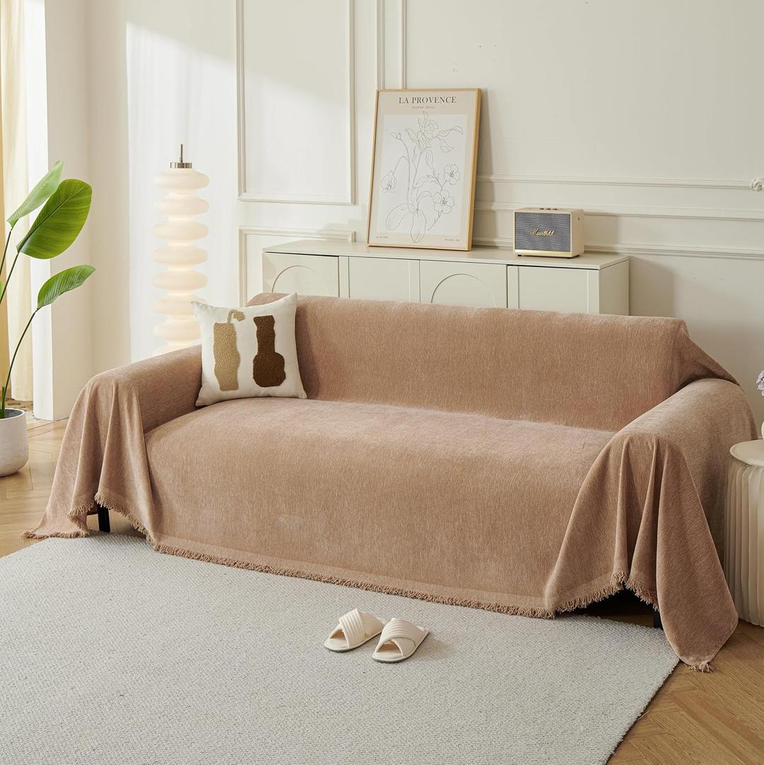 Couch Cover for Dogs, Boho Sofa Covers for 3 Cushion Couch, Chenille Sofa Slipcover for Pets Washable, L-Shape Sectional Couch Cover Soft Throw Blankets with Tassels(91x150,Khaki)