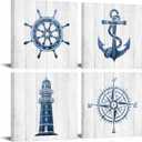 VANSEEING Nautical Wall Art Beach Themed Anchor Lighthouse Bathroom Decor Boat Helm Painting Pictures Print on Canvas Blue Grey Artwork Ready to Hang for Bathroom Living Room 12x12 Inchx4 Panels