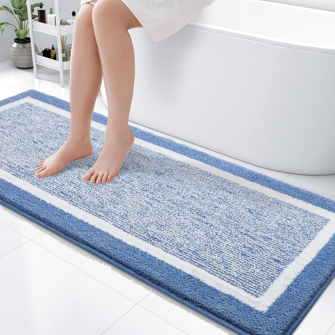 OLANLY Bathroom Rugs 59x24, Extra Soft and Absorbent Microfiber Bath Mat, Non-Slip, Machine Washable, Quick Dry Shaggy Bath Carpet, Suitable for Bathroom Floor, Tub, Shower (Long, Blue) (59" x 24", Blue and White)