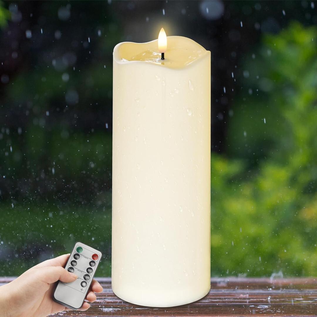 AFINETH 4" x10" Outdoor Flameless Candles Waterproof, Large Battery Operated Candles with Remote, Plastic Flickering LED Candles for Garden Patio Porch Home Party, Ivory 1Pack