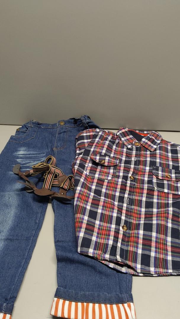 MYGBCPJS 3Pcs Boy Handsome Outfit Set Plaid Shirt + T-Shirt + Suspender Jean Sets 7