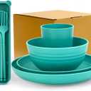 4pcs Unbreakable Wheat Straw Dinnerware Sets with Cutlery Set, Reusable Lightweight Green Microwave Dishwasher Safe Tableware for TravelCampingKitchen,RV,Apartment,Dorm,Party
