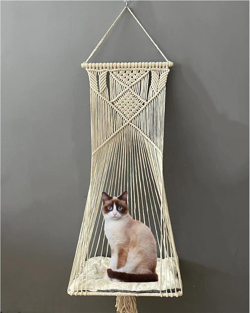 Macrame Hanging Cat Hammock Cat Swing Bed for Indoor Cats, Boho Cats Perch Bed for Sleeping, Playing, Climbing, and Lounging (Beige)