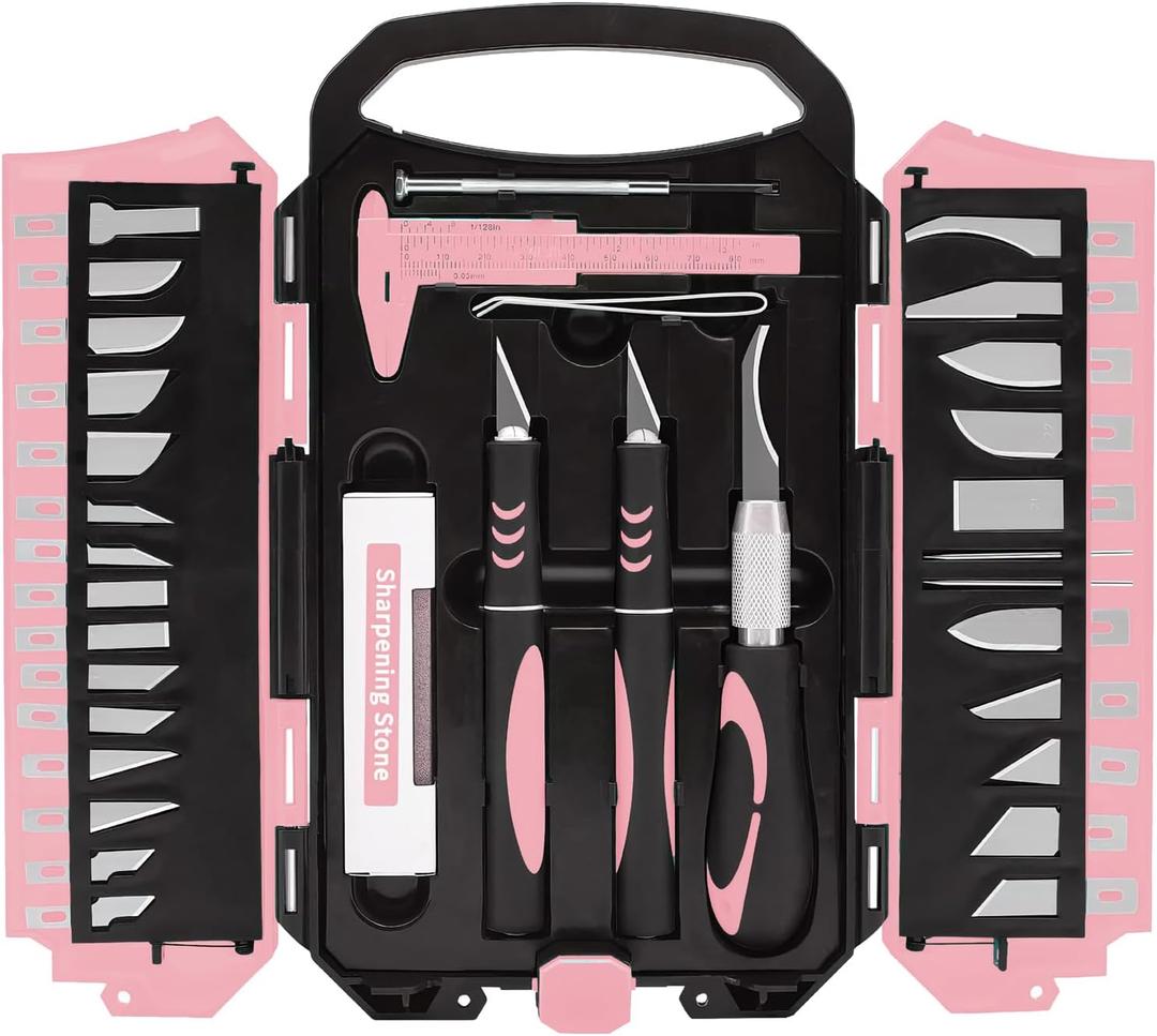 MANUFORE 34pcs Large Exacto Knife Set Pink Deluxe Craft Precision Knife Set Include 3pcs Craft Knives with Anti-Slip Rubber Grip, 25pcs Different Blades, 2pcs Needles, Sharpening Stone, Screwdriver