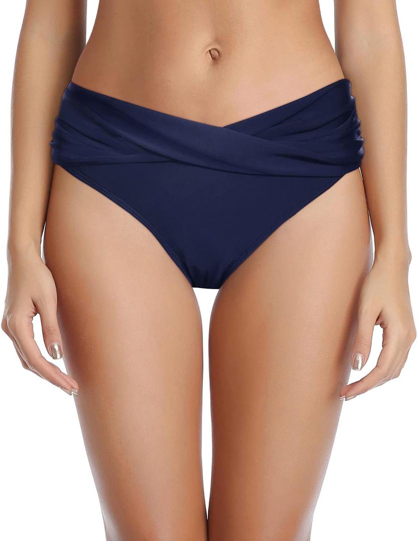 Tempt Me Women Twist Bikini Bottom Moderate High Cut Bathing Suit Bottoms Ruched Swimsuit Bottom (Navy Blue, Medium)
