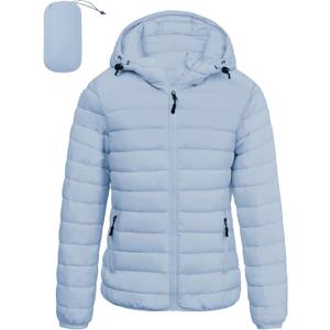 LZACTOIN-X Women Lightweight Rain-Resistant Puffer Coat with Hood Thicken Thermal Bubble Insulated Jacket Womens  Blue Medium