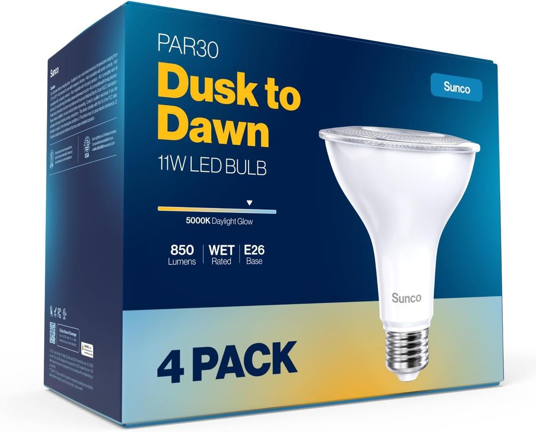 Sunco 4 Pack PAR30 LED Dusk to Dawn Light Bulbs, 850 Lumens, 11W, 5000K Daylight, Non-Dimmable, E26, Wet Rated Outdoor Flood Light Bulb with Photocell Sensor, for Porch, Patio, Backyard, UL
