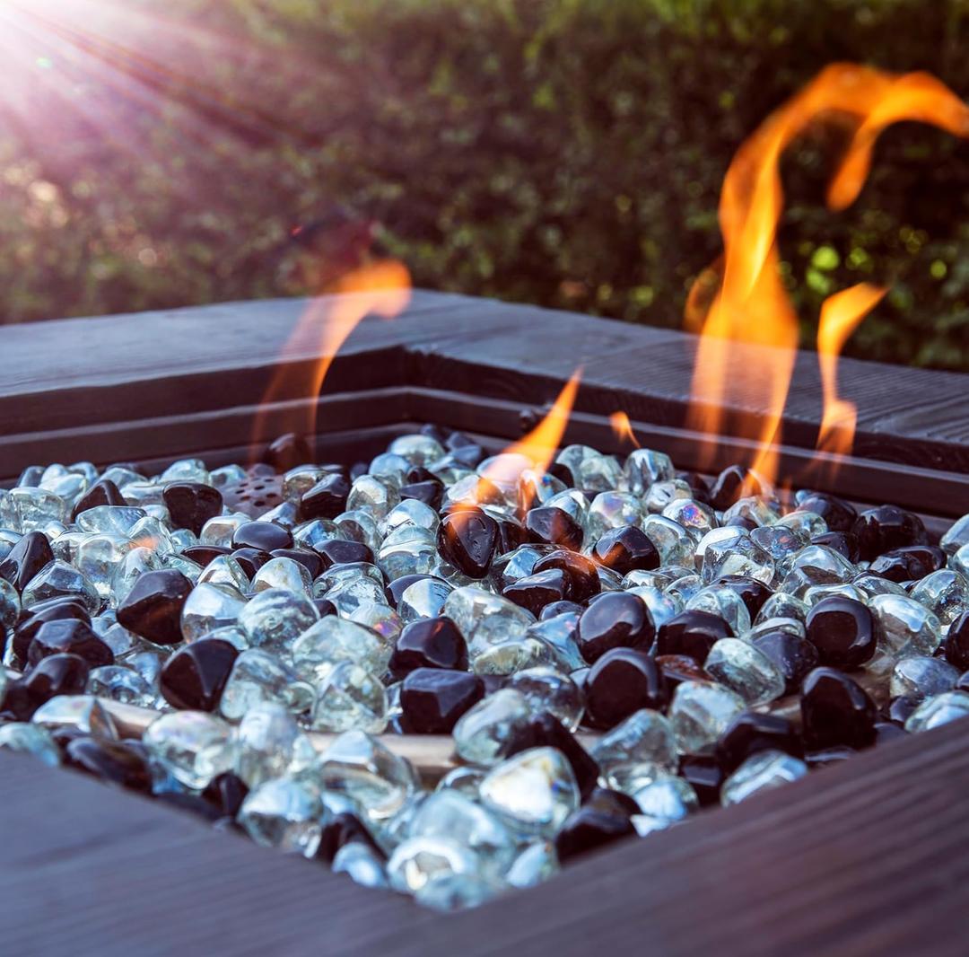 Fire Glass Diamond 1 Inch Fire Pit Glass Rocks for Propane or Gas Fire Pit 10 Pounds White/Onyx Black Blend