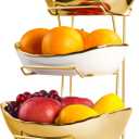 Fruit Bowl for Kitchen Counter, 3 Tier Fruit Basket for Counter, Ceramic Fruit Holder, Tiered Fruit Stand with Metal Stand, Detachable Rack for Fruit Vegetable Snack Dessert Storage (Gold)