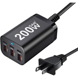 200W USB C Charge Block,6 Port PD 100W 65W 45W GaN Charger,Multi Port Fast Charging Station Hub for Multiple Devices,MacBook,iPad,iPhone,HP DELL Laptop,Galaxy Android Cell Phone