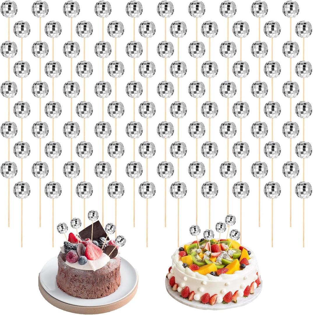 100 Pieces Disco Ball Cupcake Toppers, Disco Ball Cake Picks Mini Disco Ball Decorations Cake Topper Sticks for 70s Theme Disco Party, Birthday, New Year, Party Favor