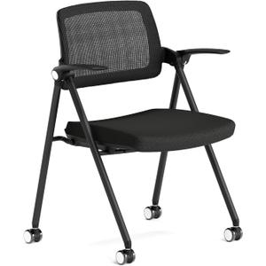 FYLICA Stackable & Foldable Office Chair, Folding Desk Chair with Flip-Up Armrest, Breathable Mesh, Thick Seat Cushion & Rocking Backrest, Conference Room Chair with Wheel (Black1)