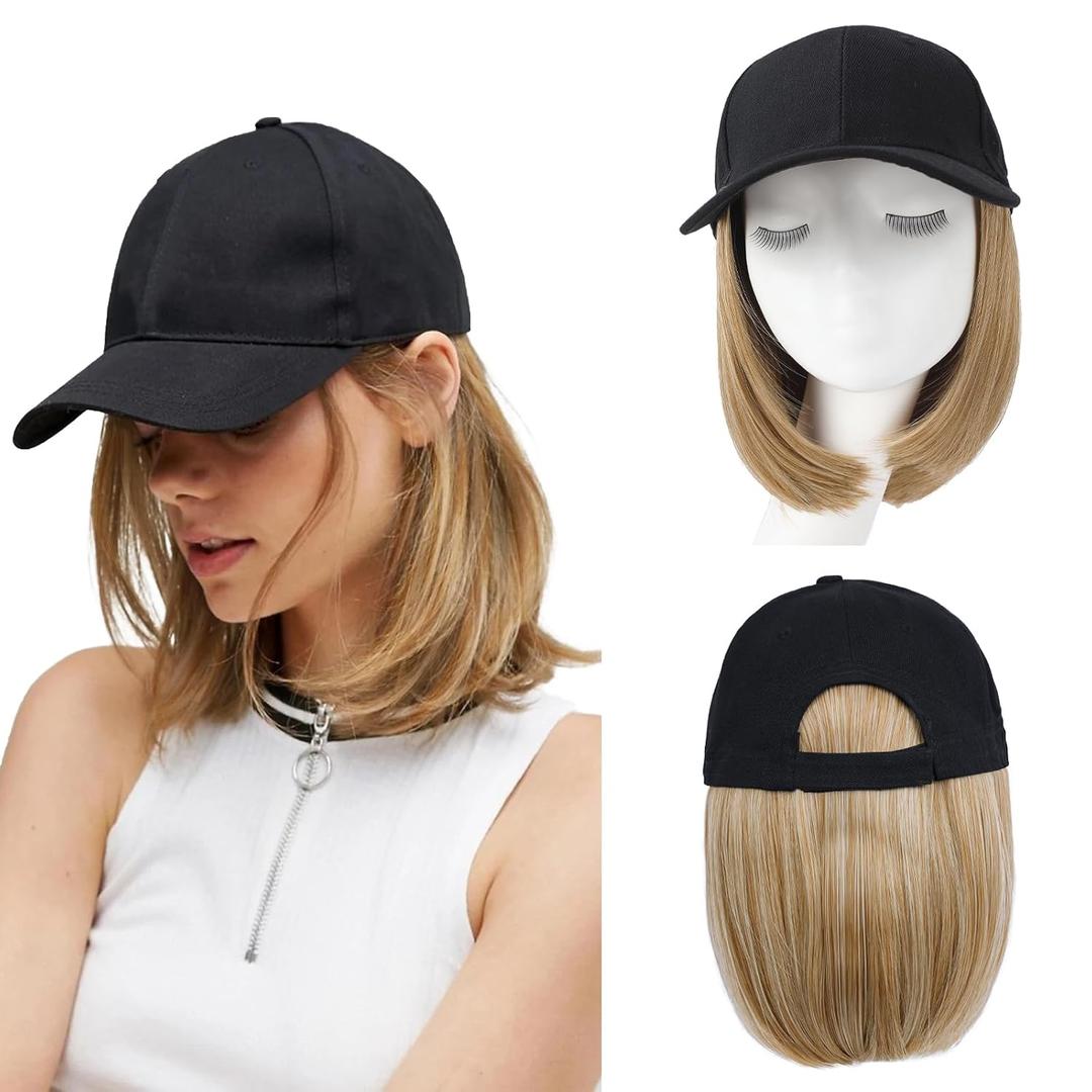 Hat Wigs for Women Baseball Cap with Hair Extensions Short Straight Bob Hairstyle Caps with Hair Attached Adjustable Baseball Cap Wig for Daily Party(12inch)
