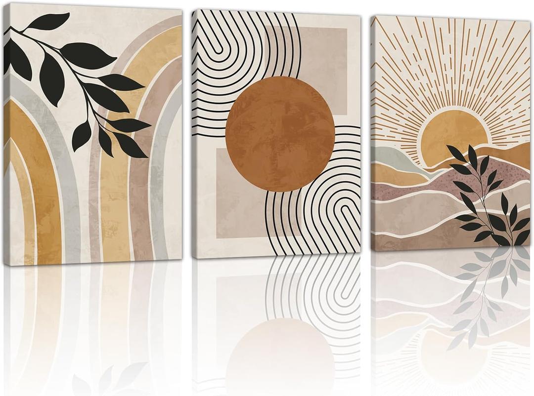 WENGTIAO 3Pcs Boho Orange Desert Canvas Wall Art Colorful Geometric Line Leaf Sun Prints Pictures Paintings Abstract Mid Century Nature Plant Artwork for Living Room Bedroom Office Bathroom 20x28x3