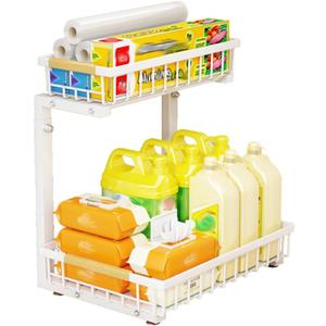 2-Tier Under Sink Organizers Sliding Pull-Out Cabinet Storage Shelf, Metal Drawer for Kitchen, Bathroom Pantry Closet Organization Rack Rust-Resistant Heavy-Duty (White)
