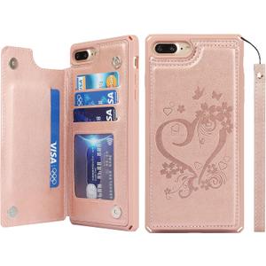 ICoverCase Compatible with iPhone 8 Plus/7 Plus Wallet Phone Case with Card Holder for Women, RFID Blocking Embossed PU Leather Wrist Strap Case (Heart Rose Gold)