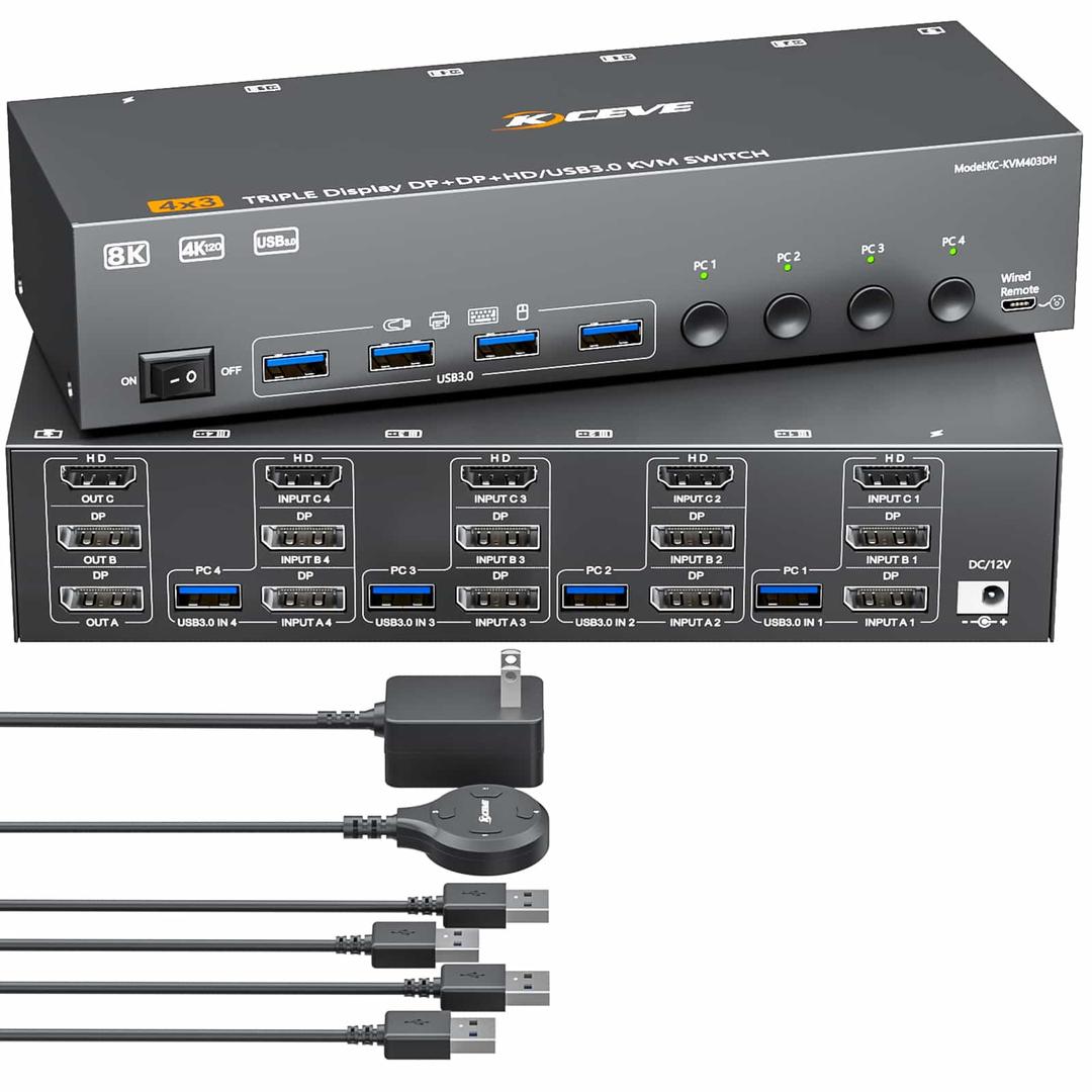KVM403DH: 3 Monitors 4 Computers HD+Displayport,USB3.0 DP KVM Swithc,8K@30Hz/4K@144Hz Triple Monitor KVM Swith
