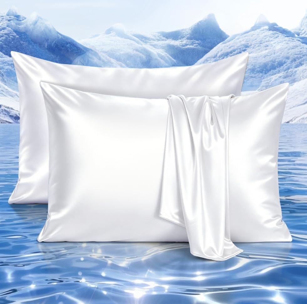 Elegear Cooling Pillow Cases Set of 2 for Hot Sleepers, Softer Than Silk Pillow Cases for Hair & Skin, Upgraded Arc-Chill Cooling Satin Pillowcases Q-max>0.5, Luxury Zipper Pillowcase Cover-King,White