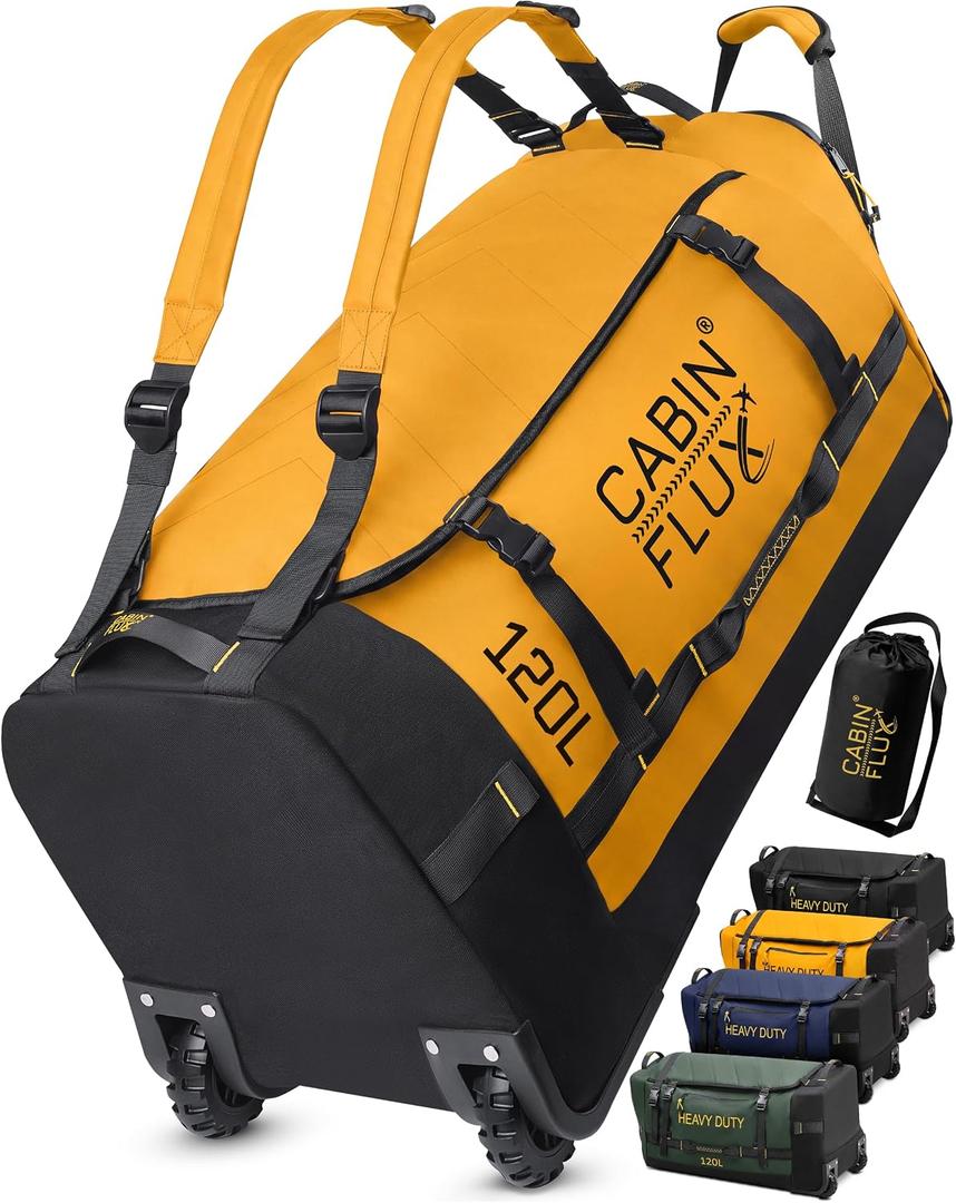 Rolling Duffle Bag with Wheels 31 Inch, 120L Large Foldable Travel Bag, Heavy-Duty Wheeled Luggage for Travel, Sports, Camping & Storage (Beacon Yellow)