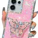 Cute Compatible with Samsung Galaxy S23 Ultra 6.8 inch Girly Case, Bling Glitter Diamond Butterfly Kickstand Case, Soft Silicone Cases for Women(Pink)