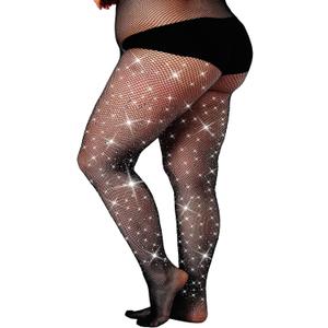 SUREPOCH Powerhouse Sturdy Radiant Rhinestone Fishnet Stockings, Plus Size Tights Club Outfits for Women (Medium-X-Large, Black)