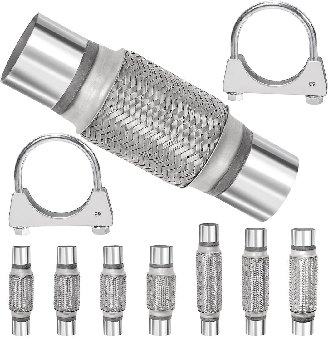 Swpeet 3Pcs 2.5 X 6 Inches Exhaust Flex Pipe with 2.5 Inches Exhaust U Clamp Kit, Universal Type Stainless Steel Double Braid Zinc Pipes Exhaust Flex Tube Ideal for Heavy Duty and Cars